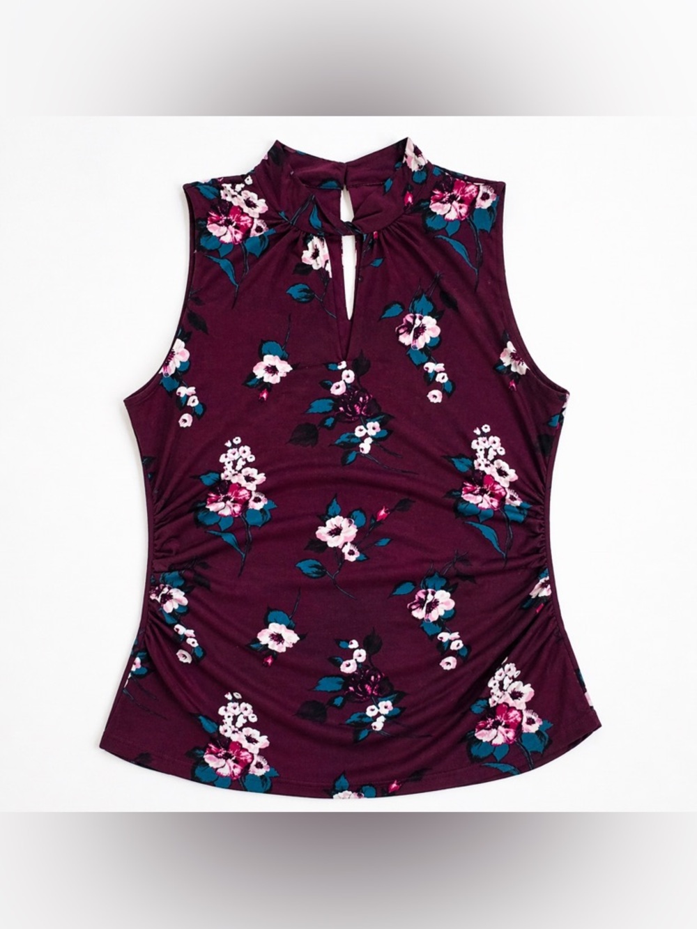 White House Black Market Floral Sleeveless Top M Burgundy Keyhole Ruched Stretch